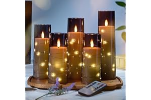 MozkeTo19 Flameless Led Candle with Timer, Battery Operated Candle, 5pcs Flickering Flameless Candle, Durable Acrylic Case with Recessed String Lights for Romantic Atmosphere and Home Decor