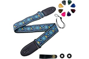 VINPAM Vintage Guitar Strap - Jacquard Embroidery Cotton with Leather Ends for Acoustic, Electric & Bass Guitars, Gibson-Style | inc. Strap Locks, Buttons & 3 Plectrums