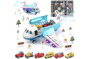 cute stone Toy Airplane with Smoke, Lights & Sounds, Friction Powered Plane Toy with Mini Cars for Kids, Great Christ Gift for Boys and Girls