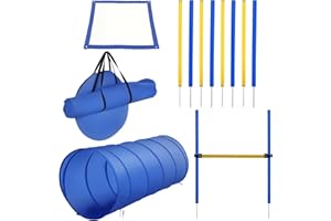 PawHut Agility Sport pour Chiens équipement Complet Obstacle, Tunnel, Slalom, Zone Repos + Sac de Transport Bleu Jaune