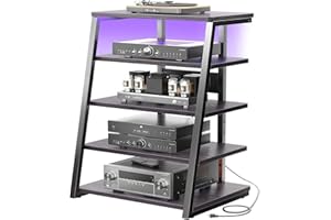 iSunirm HiFi Stand, AV Media Stand with Outlets, 5-Tier Media Console with LED Lights, Record Player Stand With Storage Shelves, Stereo Racks and Stands Media Audio Tower Cabinet, Black