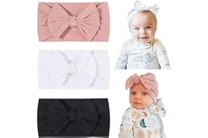 Jollybows 3 Pezzi Fascia Capelli Bambina, Nylon Fasce Capelli Neonata Fascia Elastica per Capelli con Fiocchi Accessori per Capelli per Nascita Bambina Femmina (Nero Bianco Rosa)