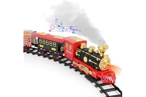 KMQRDZI Juguete de tren de vapor, juguete de ferrocarril para niños con humo, luz y sonido, rieles, ferrocarriles de juguete con locomotora de vapor, vagones de mercancías y rieles, juguetes de Navidad