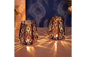 Romadedi Orientalna latarnia, świeczniki z brązu – zestaw 2 szt. orientalne świeczniki metalowe dekoracyjne na świece pieńkowe, świeczki typu tealight, do salonu, dekoracji stołu, łazienki, sypialni,