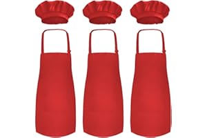 Novelty Place Ensemble de tabliers de chapeau de chef pour enfants (3 ensembles) - Bavoir pour enfants 100% coton avec poche - Cuisine, pâtisserie, peinture d'entraînement - (6-12 ans