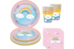 AHPYEUHK Set di Stoviglie Piatti per Compleanno 64 pcs Piatti Carta Bicchieri e Tovaglioli di Carta Party Tableware Decorazione Baby Shower (Arcobaleno)