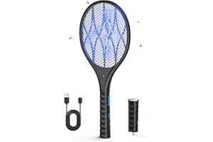 AROEVE Racchetta Zanzare Elettrica, 4000V Antizanzare Elettrico, Ricarica USB, Luce LED, Torcia Staccabile, Protezione a 3 Strati, Doppio Interruttore, Casa, Giardino, Nero