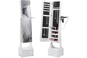 BEAUTIFY BTFY Mirror Jewellery Cabinet - Free Standing Mirror with Storage - Full Length Tilting Armoire for Bedroom - Jewellery Storage for Earrings, Rings & Necklaces w/ LED Lights, Hair Dryer Ring & Drawer