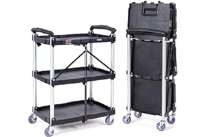 VEVOR Carro de Servicio 65x39x83 cm Carro de Transporte Utilitario Plegable 3 Estantes Capacidad Total 74,8 kg​ 25 kg​/Estante Ruedas Giratorias (2 con Frenos) para Garaje Herramientas Almacén Oficina