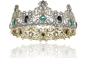 Jcevium Crowns for Men Metal, Vintage Full Royal Crowns with Green Rhinestone, Men's Birthday Tiaras,Prom Party Crowns