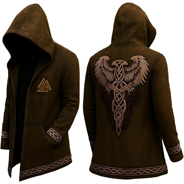 Veste à Capuche Homme Style Viking - Imprimé Runes 3D, Mi-longueur, Coupe Ajustée, Look Rétro Biker