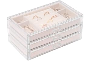 Sasha Morel Jewellery Box with 3 Storage Drawers | Earring Storage Organiser for Ring Bracelet Necklace Storage Box | Acrylic Display Case Gift Box | Jewellery Organiser Gifts for Women (Beige)