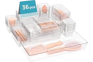 Vtopmart 36 PCS Clear Plastic Drawer Organizers Set, 7-Size Bathroom and Vanity Drawer Organizer Trays, Acrylic Storage Bins for Makeup, Kitchen Utensils, Gadgets, Large Size Office Desk Organizers