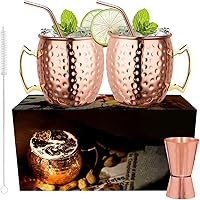 LIVEHITOP Moscow Mule Becher 2er Set, 18 Oz Kupferbecher mit 2 Untersetzer, 2 Strohhalme, Jigger & Strohbürste, Seine…