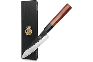 MITSUMOTO SAKARI Couteau Japonais de 14 cm, Couteau à Fruits en Acier à Haute Teneur en Carbone, Petit Couteau Cuisine professionnel Forgé à la Main (Manche en Rosier et Boutique Boîte en Bois)