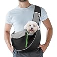 Pawaboo Pet Dog Sling Carrier, Hand Free Drawstring Dog Papoose with Adjustable Strap, Breathable Mesh Bag for Puppy Cat, Crossbody Satchel Dog Purse with Pocket for Outdoor Travel, Black, Small