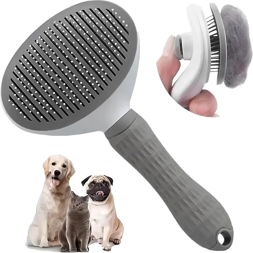 SENA TİCARET Kedi Köpek Tarağı - Otomatik Temizlenen Tüy Toplama Fırçası - Basmalı Mekanizma - İnce Uçlu Metal İğne - Ergonomik Kaymaz Sap - Uzun Kısa Tüylü Evcil Hayvan Bakım Tarağı - Gri
