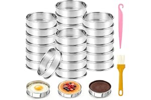 Mispudin 24 stycken crumpet ringar, 8 cm runda bakringar rostfritt stål | med oljepensel, kaka avskalningskniv, dubbel rullad tårtring liten för muffins, pannkakor, omeletter, tarte
