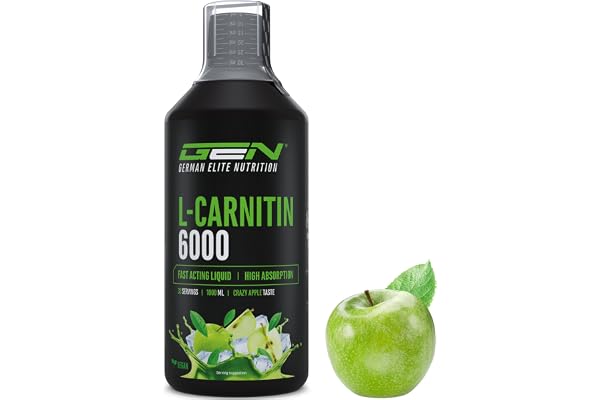 L-Carnitine 6000 Liquid - 1000 ml - Dosage Extra Élevé avec 6000 mg de L-Carnitine Pure par Portion Journalière - Boisson Protéinée aux Acides Aminés - Saveur Délicieuse (Crazy Apple) - Vegan