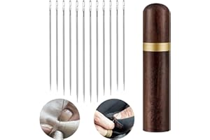 TIANLIN 12 Piezas de Agujas de Coser a Mano, 3 Tamaños de Agujas de 0jo Grande, Agujas de Hilo Fácil de Acero con 2 Piezas de Agujas de Cordón de Cuero y Caja de Agujas de Madera