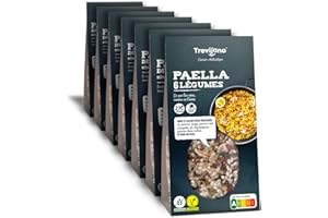 Trevijano Paella: 7 sacs de 280 g chacune. Sans additifs ni conservateurs, uniquement des ingrédients végétaux déshydratés: riz, poivron rouge, poivron vert, courgette, ail, safran, champignon