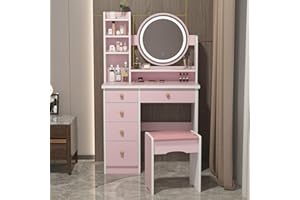 PREMTURE Schminktisch mit Hocker und 5 Schubladen, Frisiertisch mit Spiegel, Kosmetiktisch, Eckschminktisch mit Hocker, Schminktische, Rosa, MDF, 80 B x 40 T x 135H cm