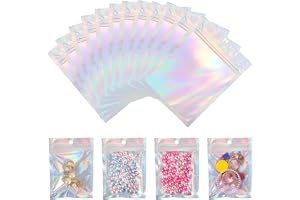 AKONE Mylar-påse 100 stycken, återförslutningsbara påsar, aluminiumfolie blixtlåspåse, liten holografisk foliepåse 9 x 12 cm