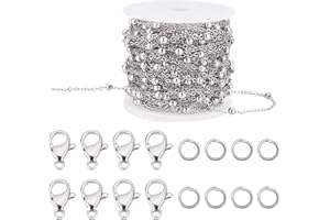 Beebeecraft Chaînes en Acier Inoxydable Argenté de 32.8 pied pour la Fabrication de Bijoux Chaîne de Câble à Maillons Perlés Plaqué Platine avec 20 fermoirs à Pince de Homard et 50 anneaux de Saut
