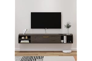 Pmnianhua Floating TV Unit, 58'' Wall Mounted TV Cabinet, Floating Shelves with 4 Cabinets, Wooden Entertainment Media Console Center Large Storage TV Bench for Living Room & Office (147cm, Dark Grey)