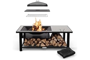 Blumfeldt Merano Avanzato L Brasero Exterior - 3 en 1 Hoguera, Barbacoa & Mesa, Estructura de Acero, Tablero de Terrazo, Incluye Parrilla, Atizador & Protector Antichispas, Ideal para Jardín & Patio