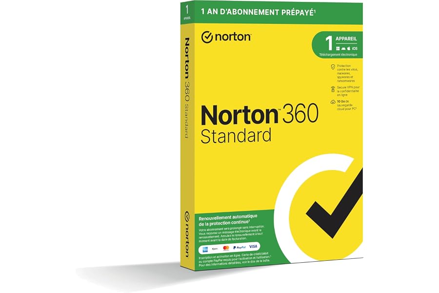 Norton 360 Standard |1 Appareil | 1 An d'Abonnement en renouvellement automatique | Secure VPN - Password Manager | Sauvegard