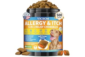 VICSOM Dog Anti-itch Chews for Dogs Itching Skin, Crunchy Krill Center Dog Allergy Support Chews 500pack, for Itchy Skin Ear & Paw Licking, Colostrum, Quercetin & Probiotics for Digestive, Skin & Coat