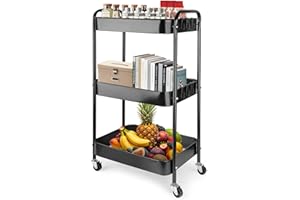 Viuxule Storage Cart, 3 Tier Metal Trolley Cart with Wheels, Black Rolling Utility Cart for Kitchen, Bathroom, Office, Bedroom, Veg Rack and Multi-Purpose Organizer for Snack, Makeup, Book, Diaper