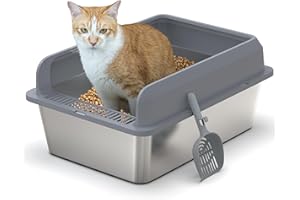 VIVO TECHNOLOGIES Stainless Steel Cat Litter Tray, Large Litter Tray with High Detachable Enclosure, Metal Litter Box with Litter Scoop for All Cats, Leak-Proof, Easy to Clean, 50(L) x35(W) x 25(H) cm