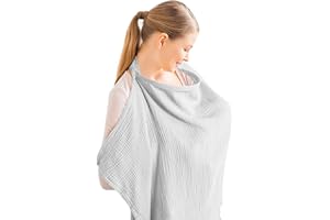 Konssy Muslin Cover for Breastfeeding Baby Breathable 100% Cotton Nursing Cover with Rigid Hoop for Mom, Nursing Apron, Multipurpose Car Seat Canopy (GREY)