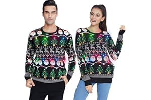 UNIFACO Unisex Pulls De Noël Drôle LED Lumière Col Rond Chandail de Noël pour Homme Femmes Tricoté Moche de Noël Chandail à Manches Longues S-XXL