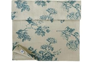 Linen & Cotton Camino de Mesa de Centro Tejido Flores Diseño Floral - 100% Lino, Azul Beige Natural (40 x 100 cm) Decoración de Mesa Shabby Chic Vintage Rústico para el Hogar Sala de Estar Cabaña