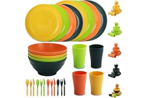 Evanda Kunststoff Geschirrset 28 Stück mehrweg, Unzerbrechliche Leichte Teller Set Becher Schüsseln Camping Geschirr Leicht zu Tragen und zu reinigen Geschirrspüler Safe Service Für 4