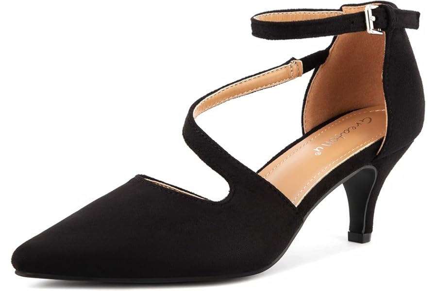 Greatonu Womens Court Shoes Pointed Toe Kitten Mid Low Heel Sandals Ladies Ankle Strap Pumps