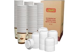 Shefa 8oz, 50 Coffee Cups with lids - Paper Cups for Hot Drinks or Cold Drinks, Hot Cup Takeaway for Coffee Shops - Heat-Resistant Cup, BPA-Free Paper Coffee Cups - Hot Drink Cups