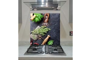 Splash back, Tempered Glass Panel Kitchen Herbs and Spices on the Gray Background, Any Size, VA Art Glass (wide 80 x height 70 /cm)