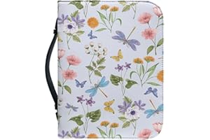 Kuiaobaty Painting Dragonfly Floral Bible Cover Zipper Bible Carrying Cases, Flowers Faux Leather Notebook Bag Inside Pen Slots