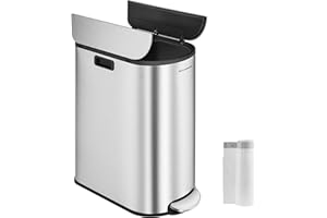 SONGMICS Double Kitchen Bin, 30L and 20L Dual Compartment Slim Bin for Recycling and Waste, Pedal Bin with Wing Lids, Metallic Silver LTB570E50