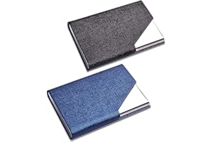 CKANDAY 2 Pack Business Name Card Holder PU Leather & Stainless Steel Multi Card Case, Professional Protective Pocket with Metal for Credit ID Card Men Women-Blue/Black