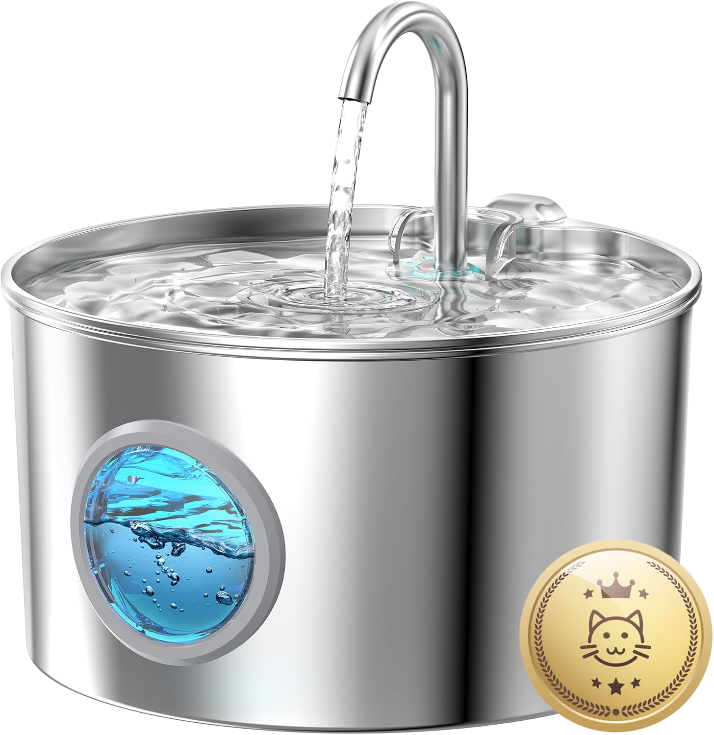 Fuente para Gatos Acero Inoxidable: Bebedero Gatos Automatico - 2.2L Fuente Gato Silencioso - Fuentes de Agua para Gato con 1 Filtro + 1 Esponja - Dispensador Agua Perros con Ventana Panorámica
