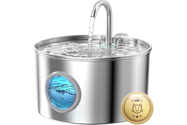 Fontaine a Eau Chat INOX: Fontaine à Eau pour Chat Automatique - 2,2L Distributeur Chien avec 1 Filtre + 1 éponge - Silencieux Fontaines Chats - Distributeur Eaus Chats avec Fenêtre de Niveau d'eau