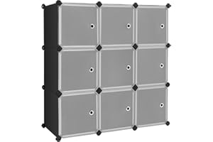 SONGMICS 9-Cube Storage Organiser Unit, Plastic Closet with Doors, Modular Cabinet for Clothes, Shoes, Toys, Books, Easy to Assemble, Black LPC116HS