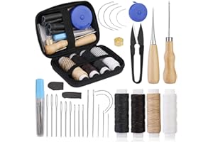 KUPPT Kit per cucire la pelle, set per riparare i rivestimenti con filo cerato, ago, punteruolo da cucito, ditale, metro a nastro e custodia per lavori in pelle