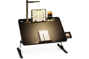 vassoio per laptop, Tavolo SAIJI con luce LED, regolabile in altezza, con supporto per libri, cassetto, fermo per laptop, supporto per tablet, Per pavimento Divano, Nero