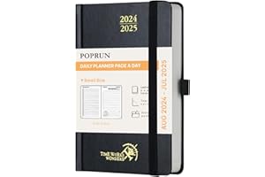 POPRUN Agenda de poche 2024 2025 Journalier Scolaire 16 x 10,5 cm, 1 Page par Jour d'Août 2024 à Juillet 2025 12 Mois, Couverture rigide, Poche pliable, Papier Certifié FSC® 70 g/m² - Noir